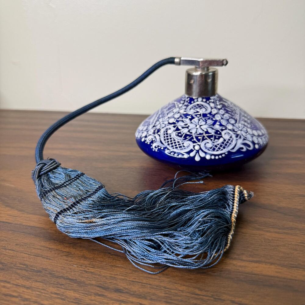 Vintage Cobalt Blue Atomizer Hand Blown Glass Perfume Bottle with Blue Tassel